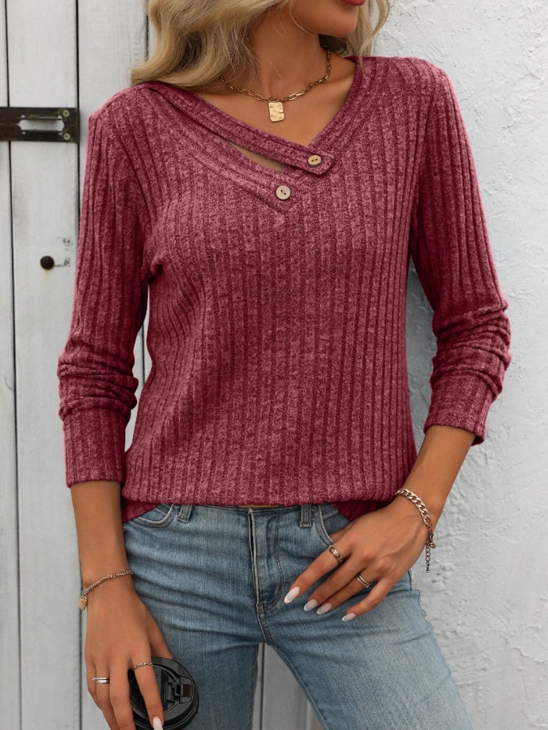 Ribbed V-Neck Long Sleeve T-Shirt