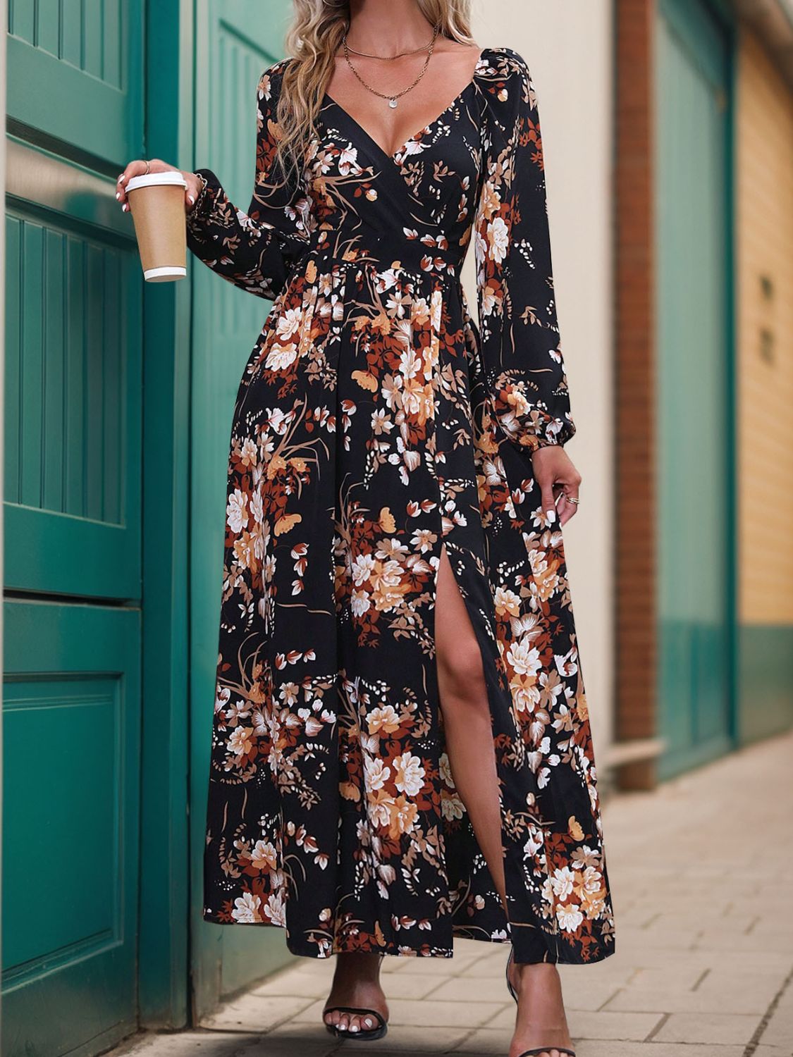 Slit Printed Surplice Long Sleeve Maxi Dress