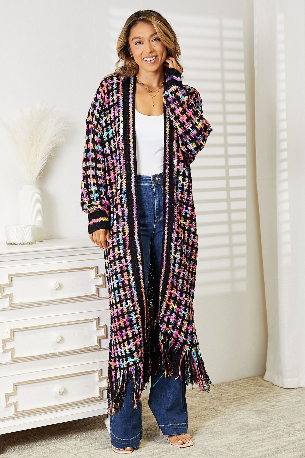 Full Size Multicolored Open Front Fringe Hem Cardigan