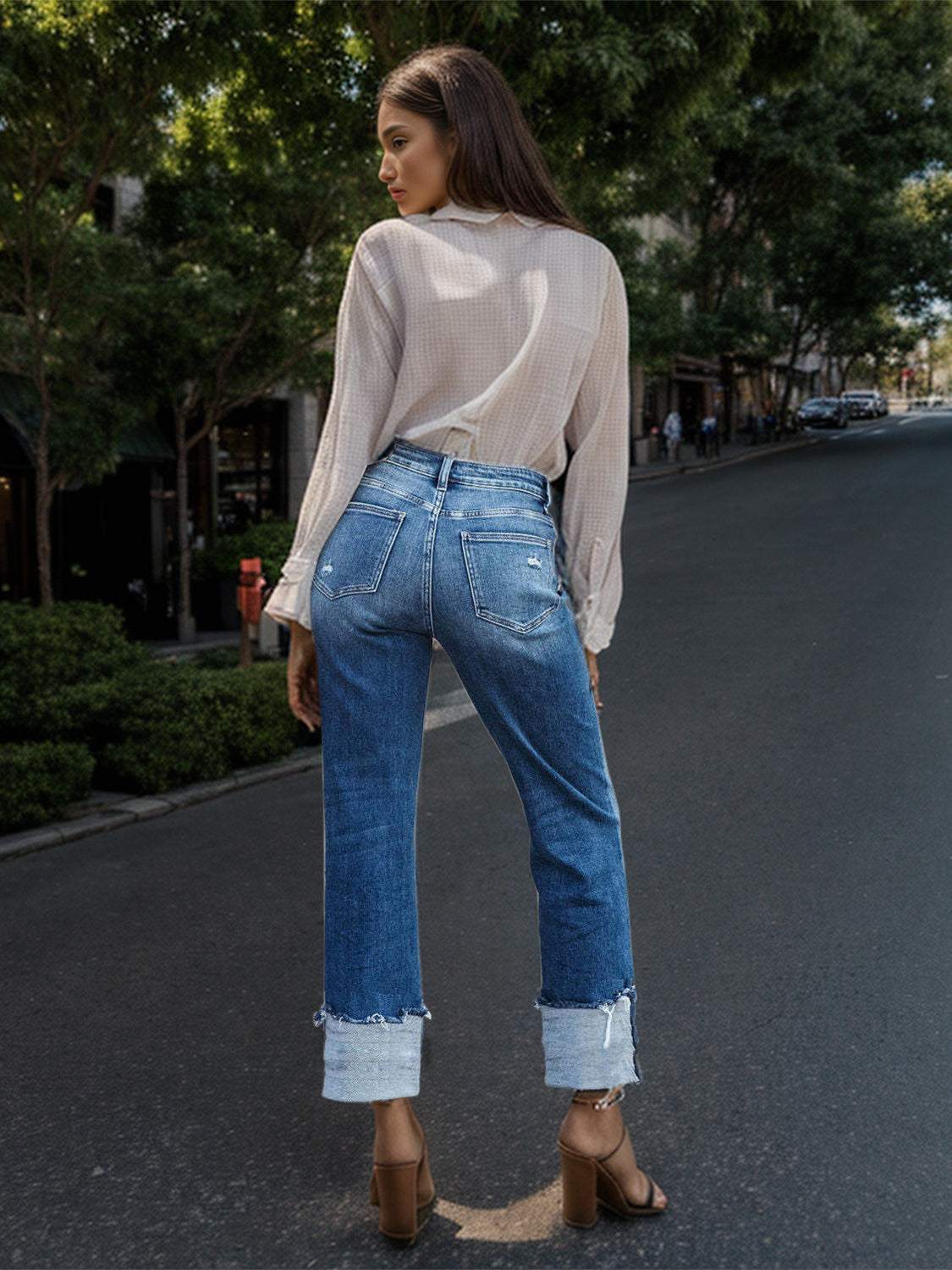 Stepped Waist Raw Hem Rolled Straight Jeans