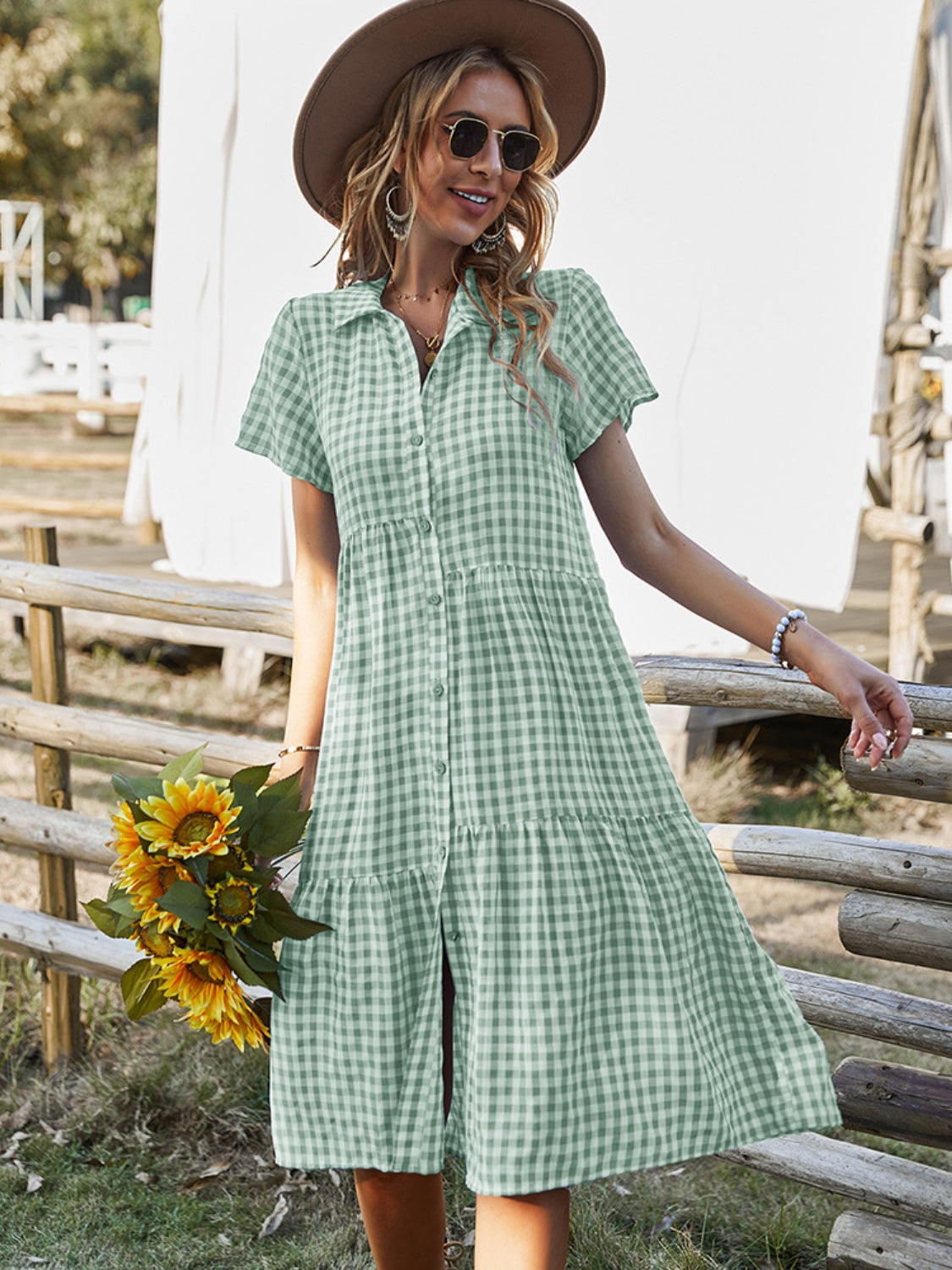 Button Up Plaid Short Sleeve Midi Dress