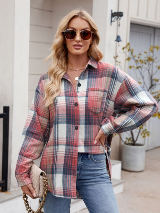 Pocketed Plaid Collared Neck Long Sleeve Shirt