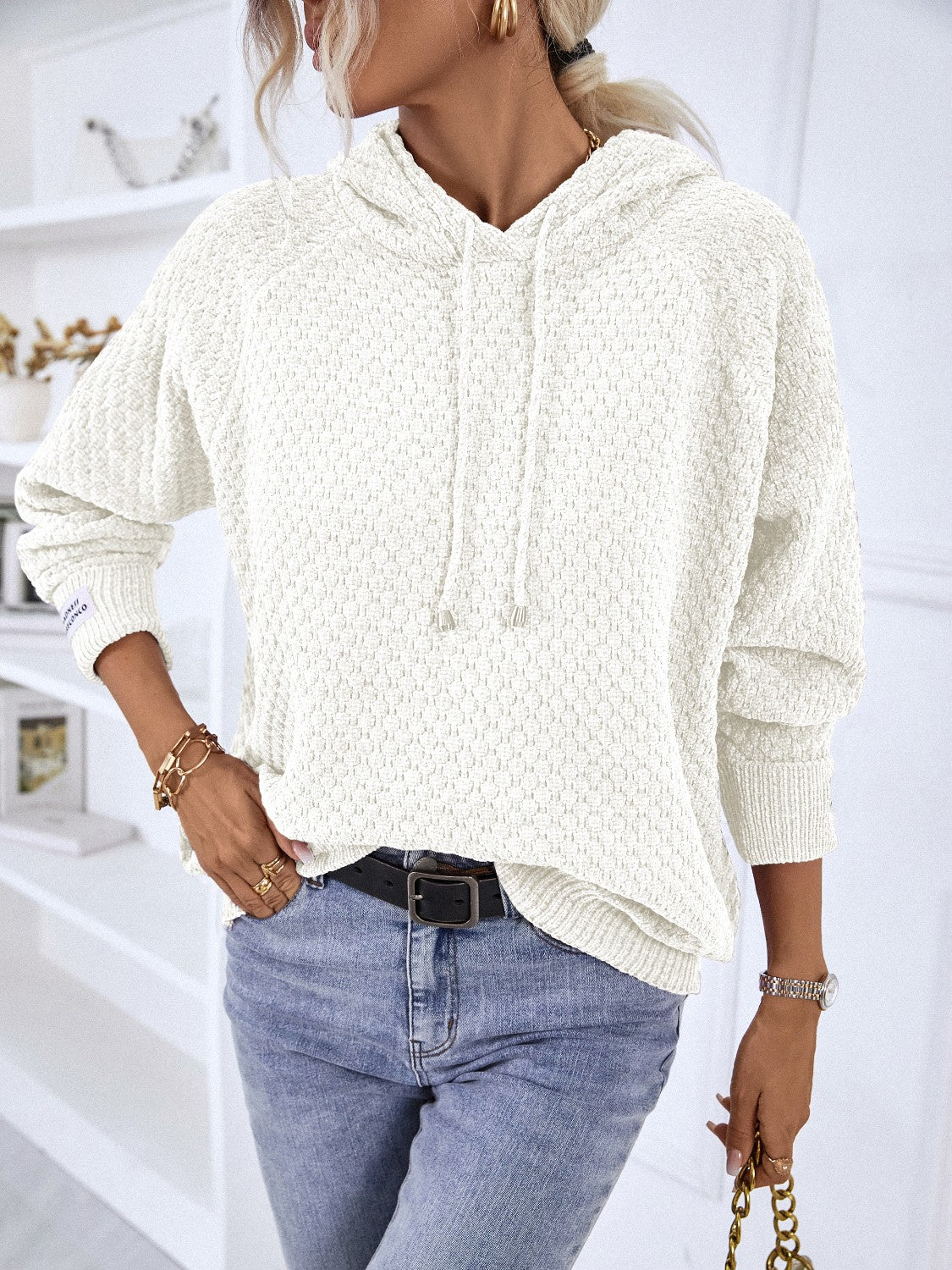 Texture Drawstring Long Sleeve Hooded Sweater