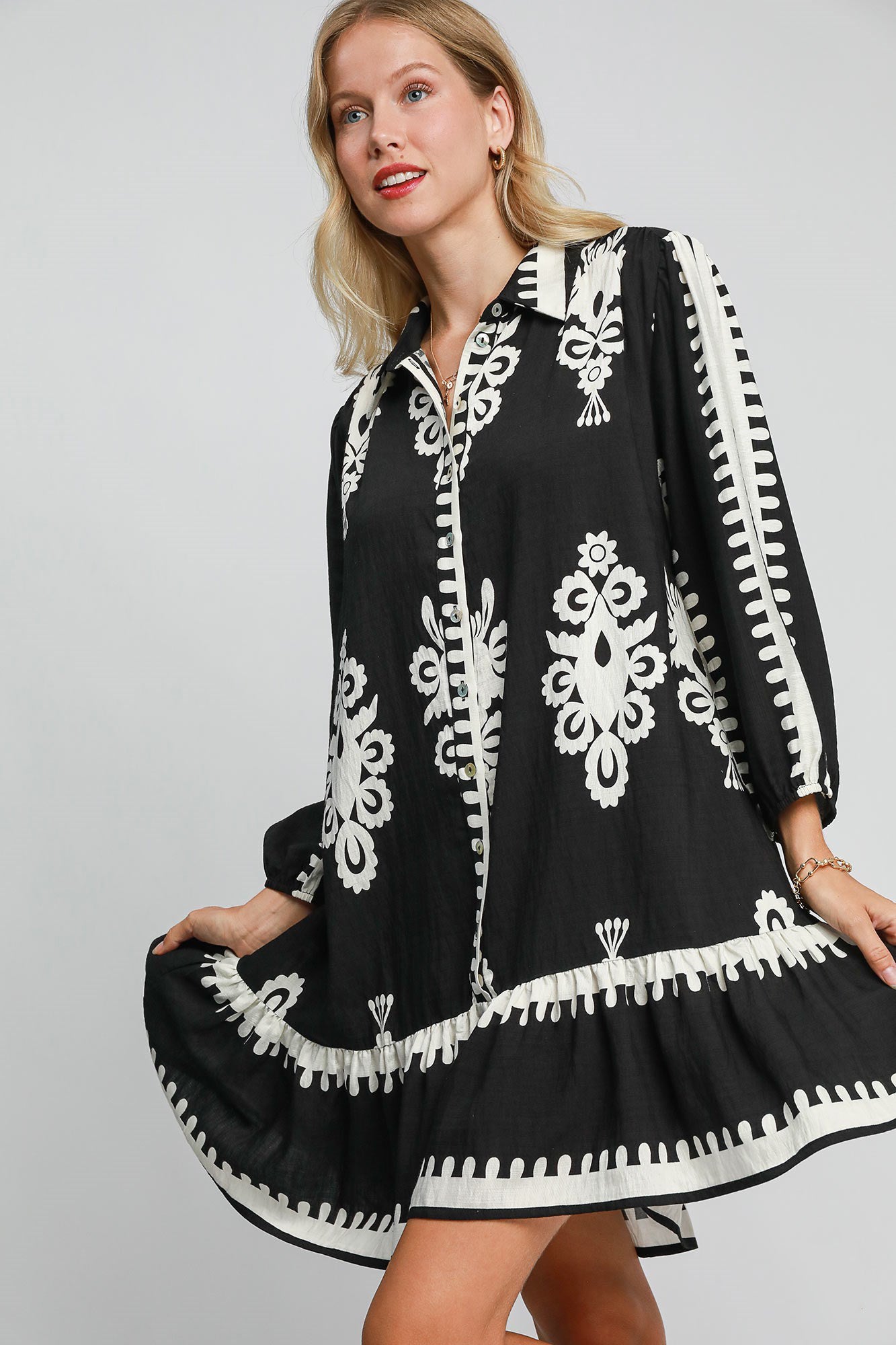 Umgee Border Print Button Down Ruffled Hem Dress