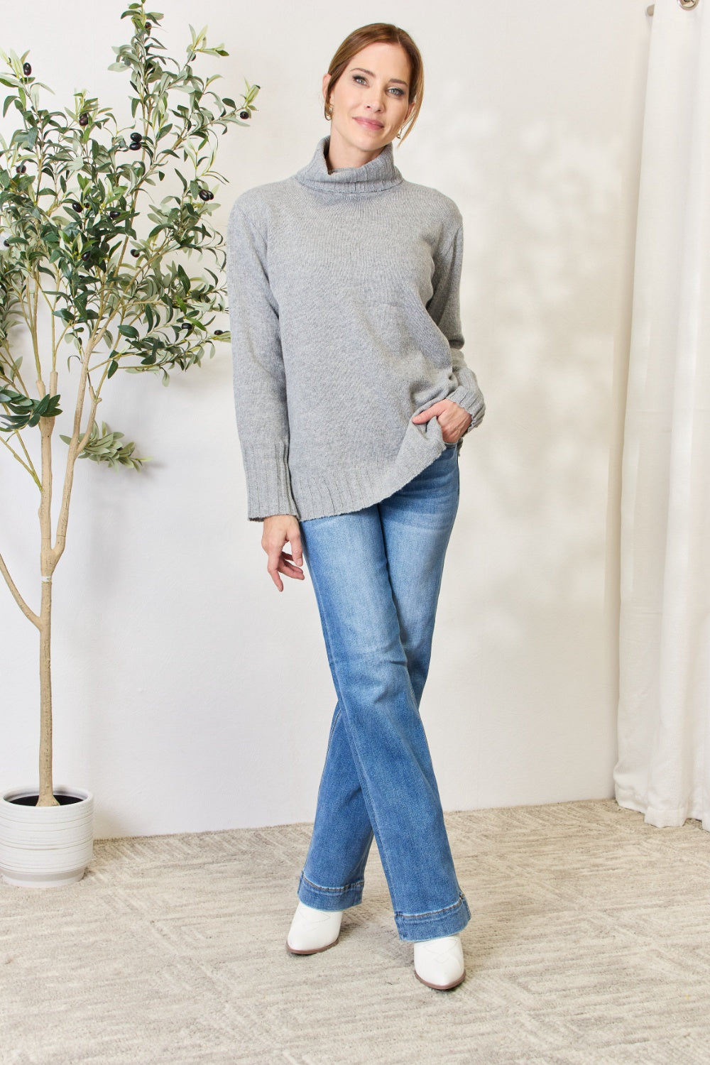 Heimish Full Size Turtleneck Long Sleeve Slit Sweater